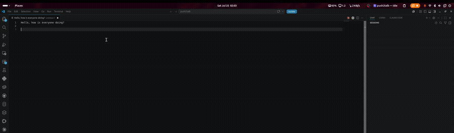 Screen recording on Ubuntu: holding a push-to-talk key, speaking, and the transcribed sentence being typed into a text editor