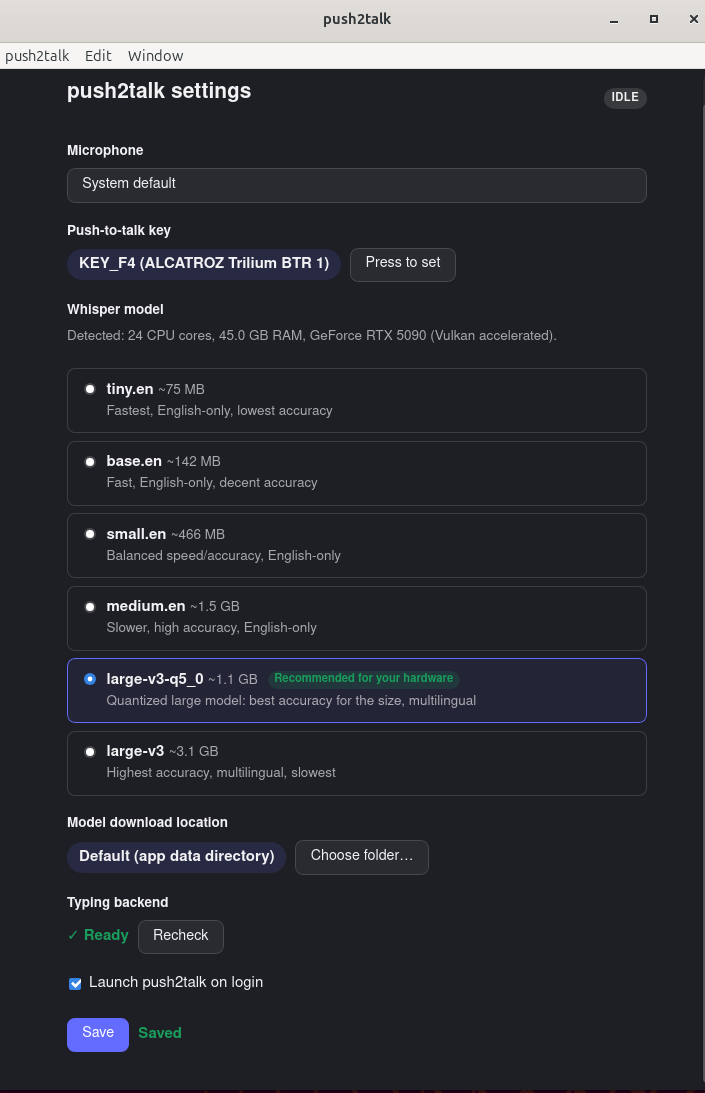 push2talk settings window on Ubuntu, showing microphone selection, push-to-talk key binding, a list of Whisper models with the recommended one highlighted based on detected hardware, and typing backend status